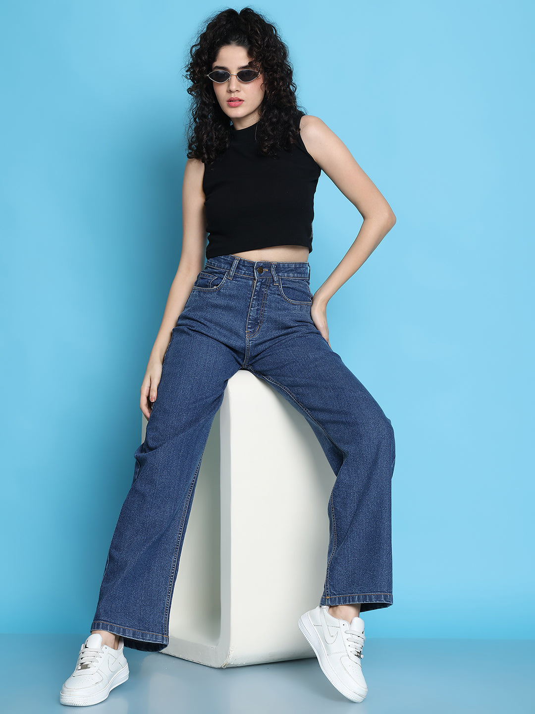 PUELLA Women’s Dark Blue High-Rise Loose Straight-Fit Jeans