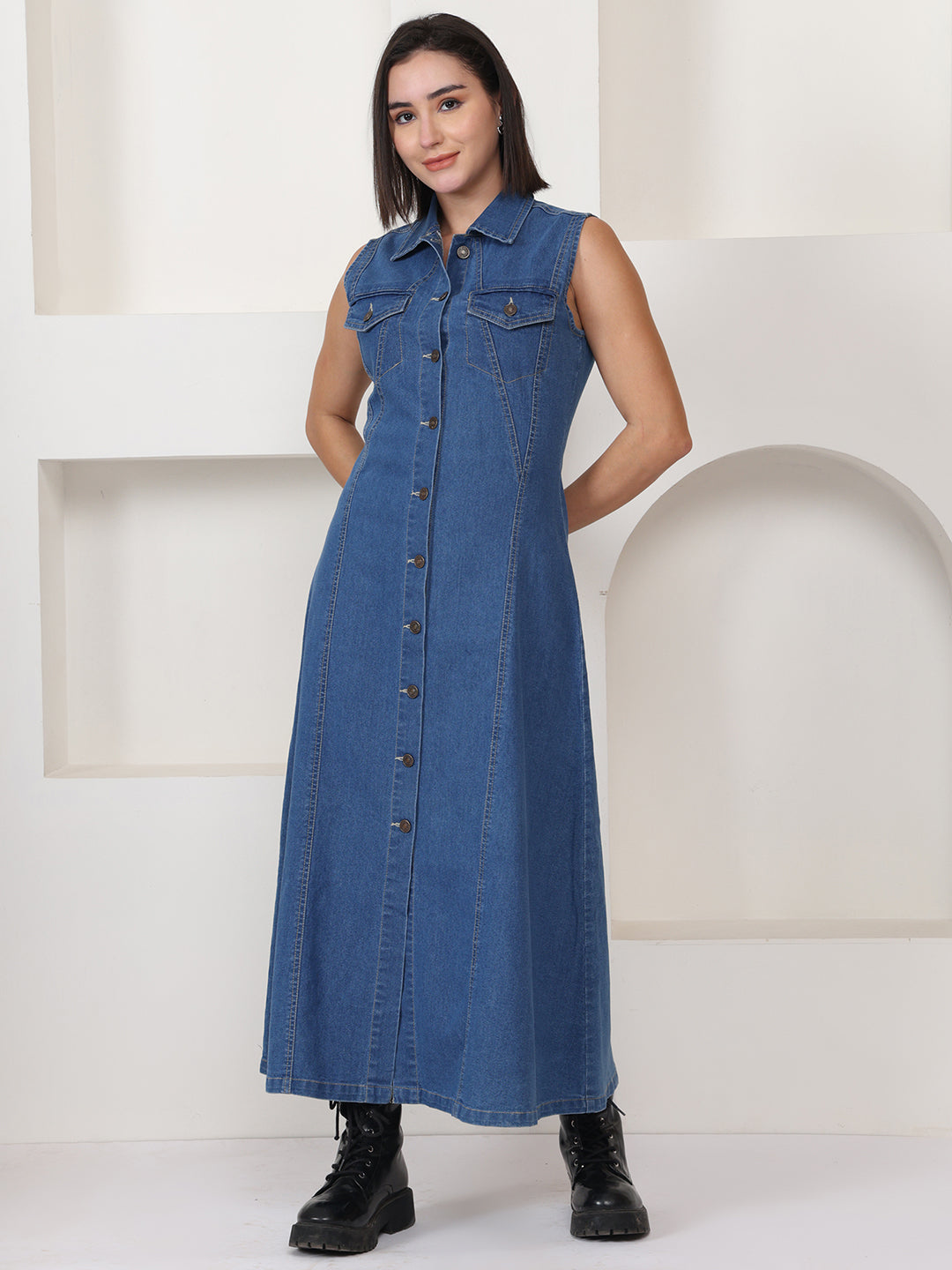 PUELLA Blue Solid Denim Shirt Maxi Dress – Puella