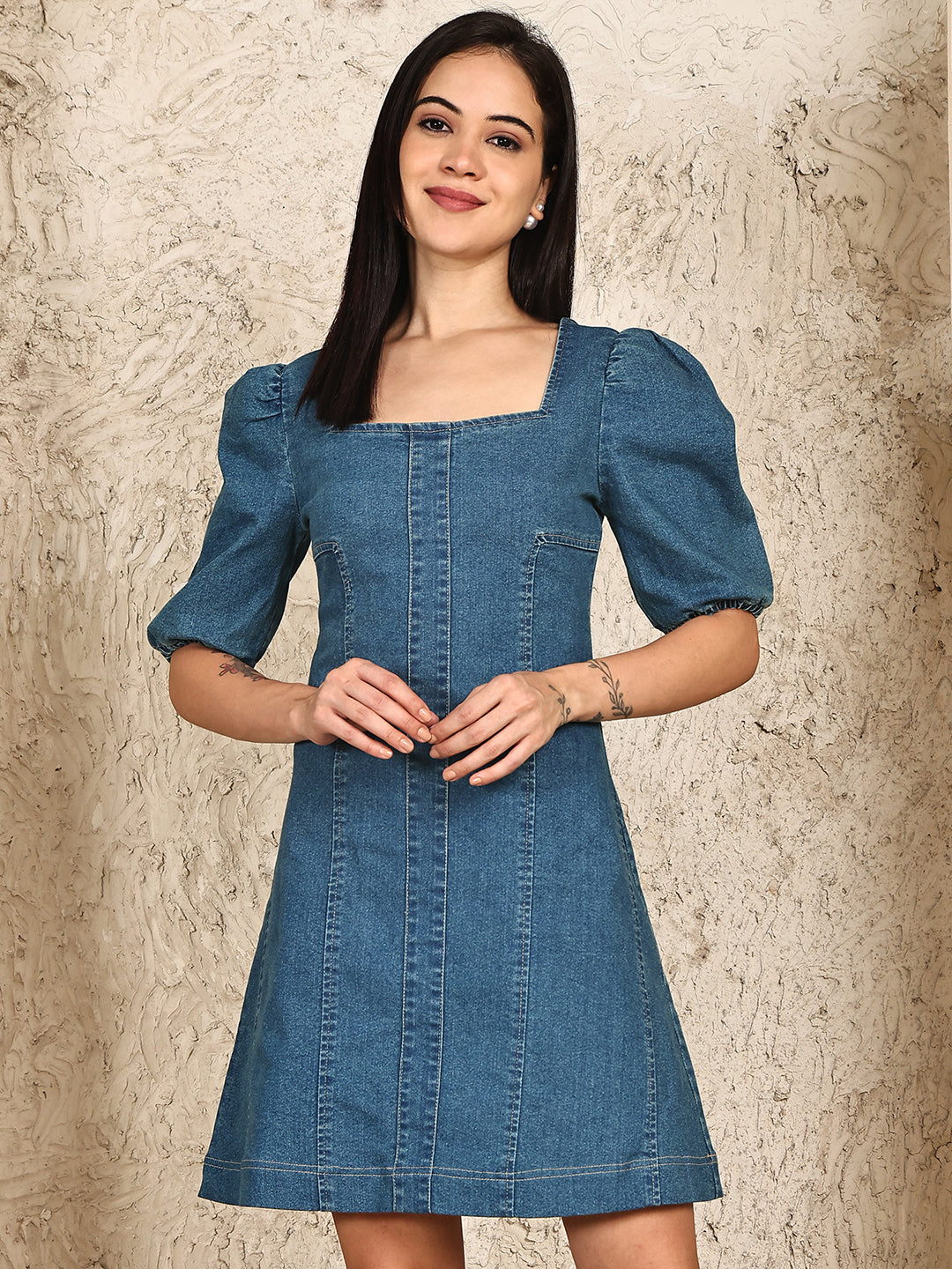 PUELLA Women's Denim A-Line Mini Dress with Puff Sleeves & Square Neck Puella PUELLA Women's Denim A-Line Mini Dress with Puff Sleeves & Square Neck Puella