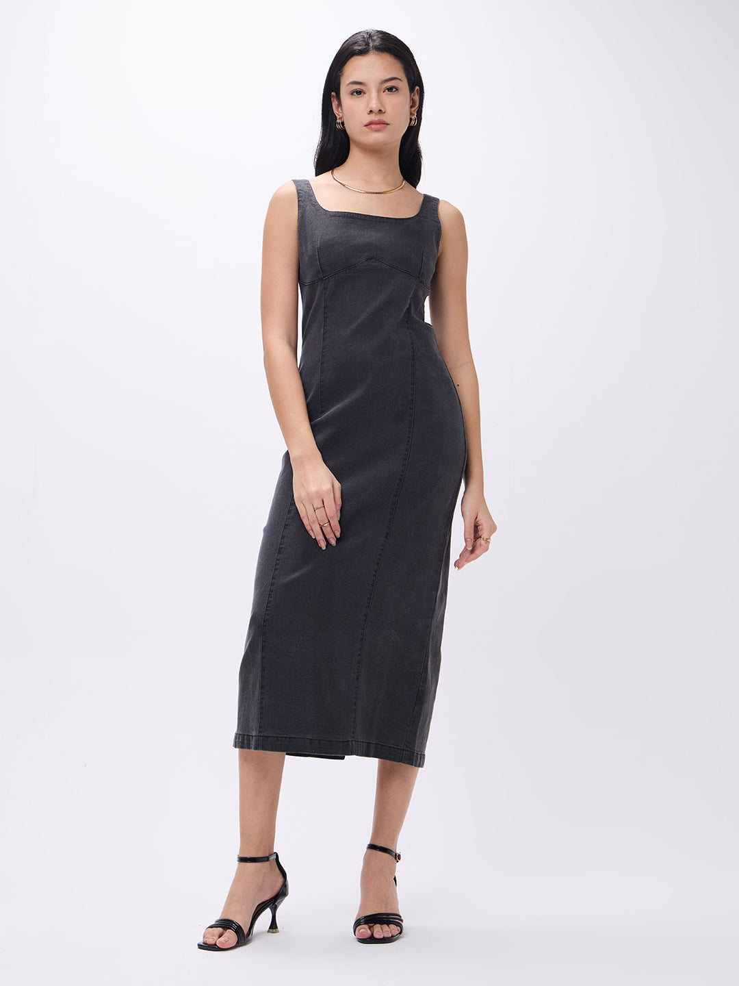 midi denim bodycon dress PUELLA Women's Black Denim Bodycon Midi Dress with Square Neck & Back –  Puella