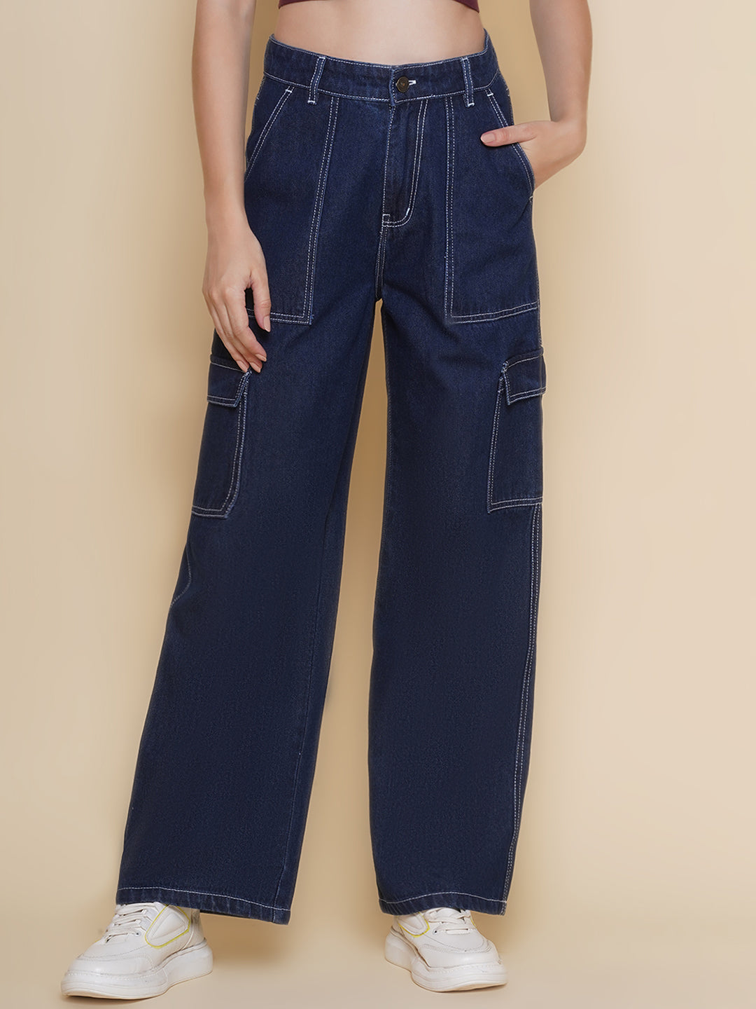 PUELLA Women’s Black Cargo Straight Fit stretchable Jeans with Contrast Stitching – Multi-Pocket Utility Denim