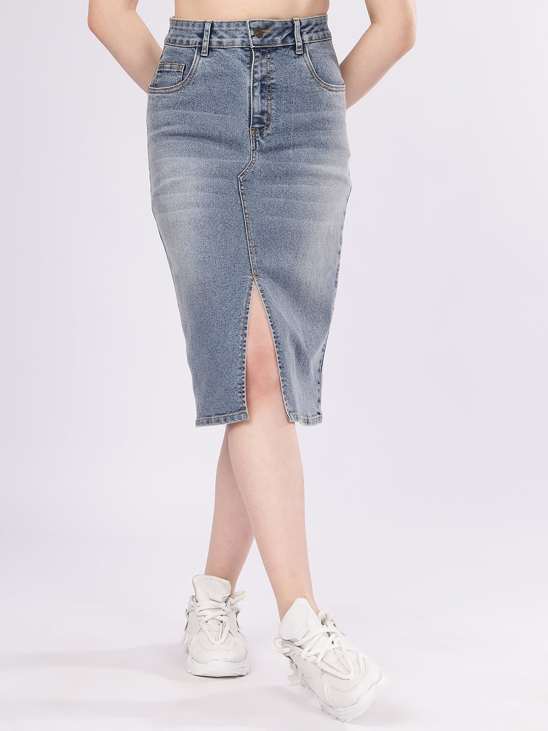 Women’s Mid Blue Denim Pencil Skirt with Front Slit