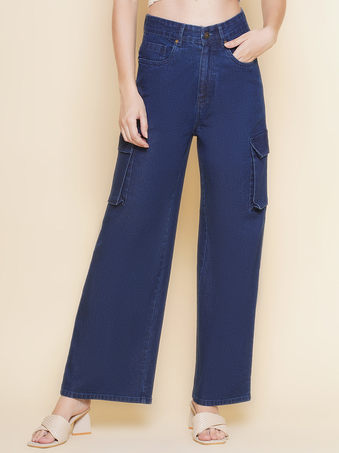 PUELLA Women’s High Rise Cargo Straight Fit Jeans – Black / Dark Blue