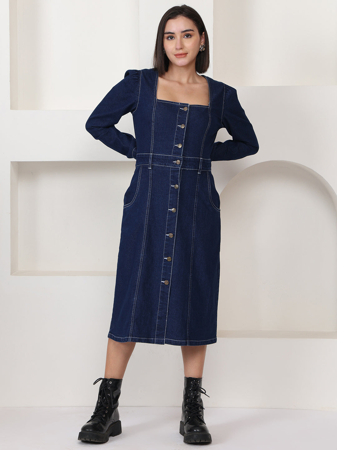 PUELLA Women Navy Blue Denim Square Neck Midi Sheath Dress