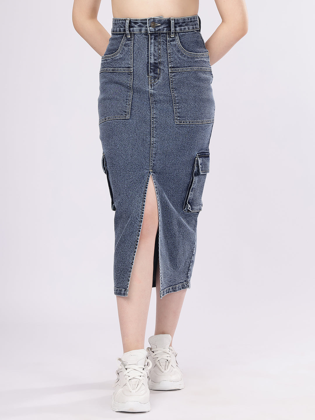 Women’s Blue High-Rise Cargo Denim Skirt