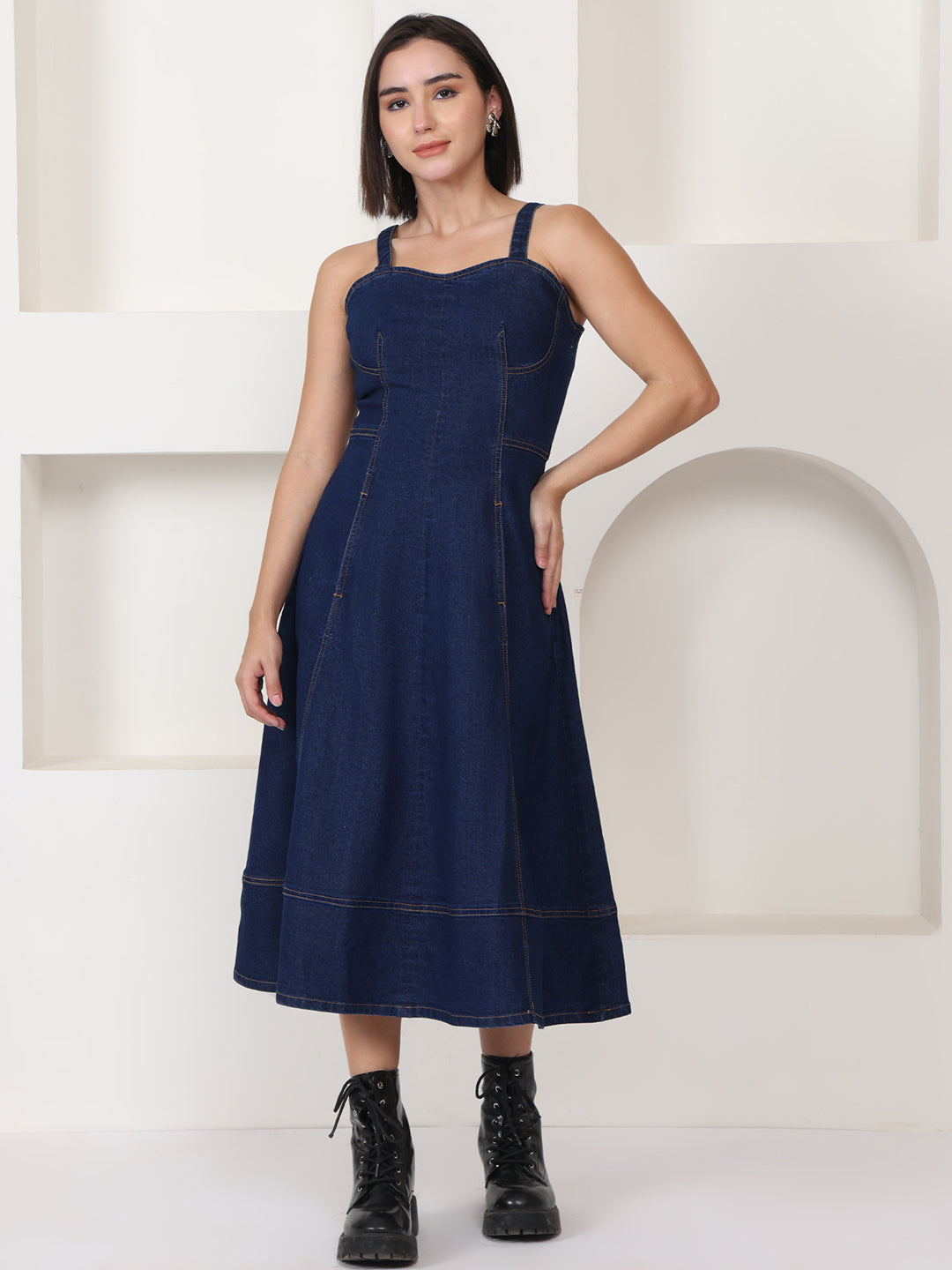 chinese dress ladies Dark Blue High Neck Ruffle Tiered A-Line Midi Dress main image 0