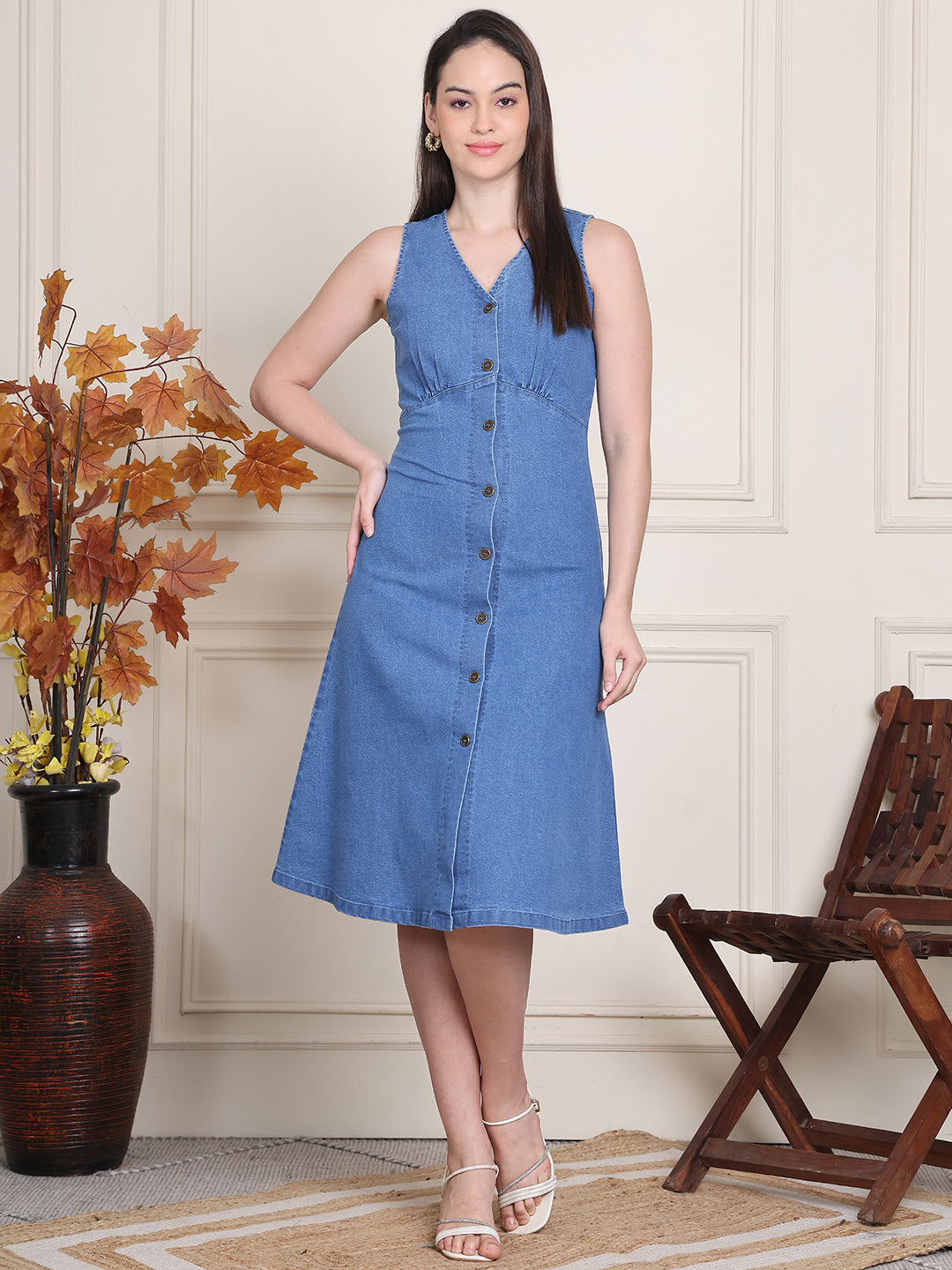 PUELLA Women's Sleeveless Denim A-Line Midi Dress with Button-Down Fro Puella PUELLA Women's Sleeveless Denim A-Line Midi Dress with Button-Down Fro Puella