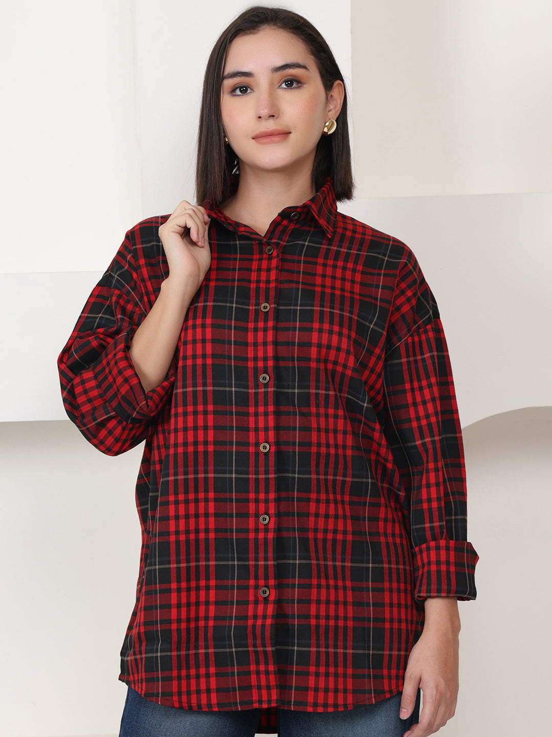 PUELLA Women Red & Black Tartan Checked Relaxed Fit Shirt