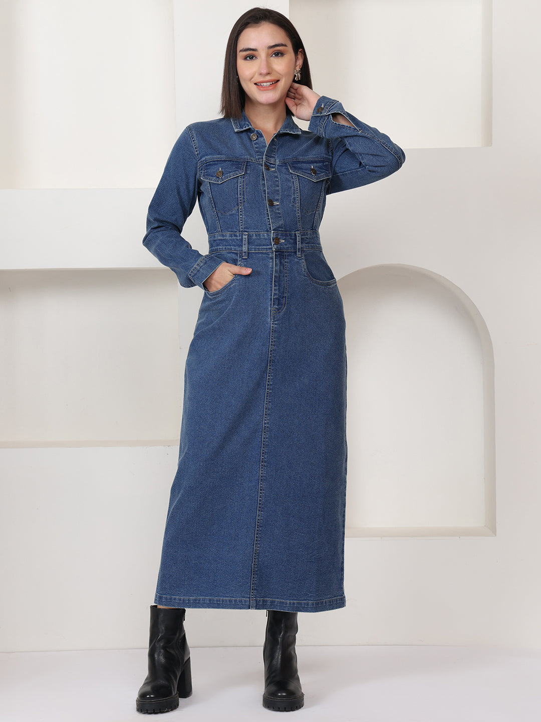 PUELLA Blue Solid Denim Sheath Maxi Dress – Puella