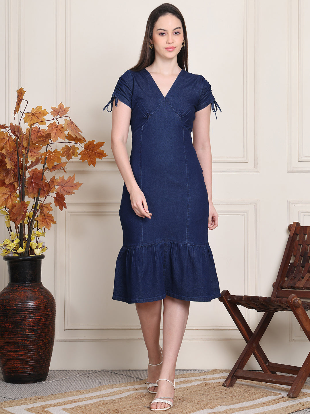 PUELLA Women's Flared Denim Midi Dress with V-Neck & Short Sleeves  Puella