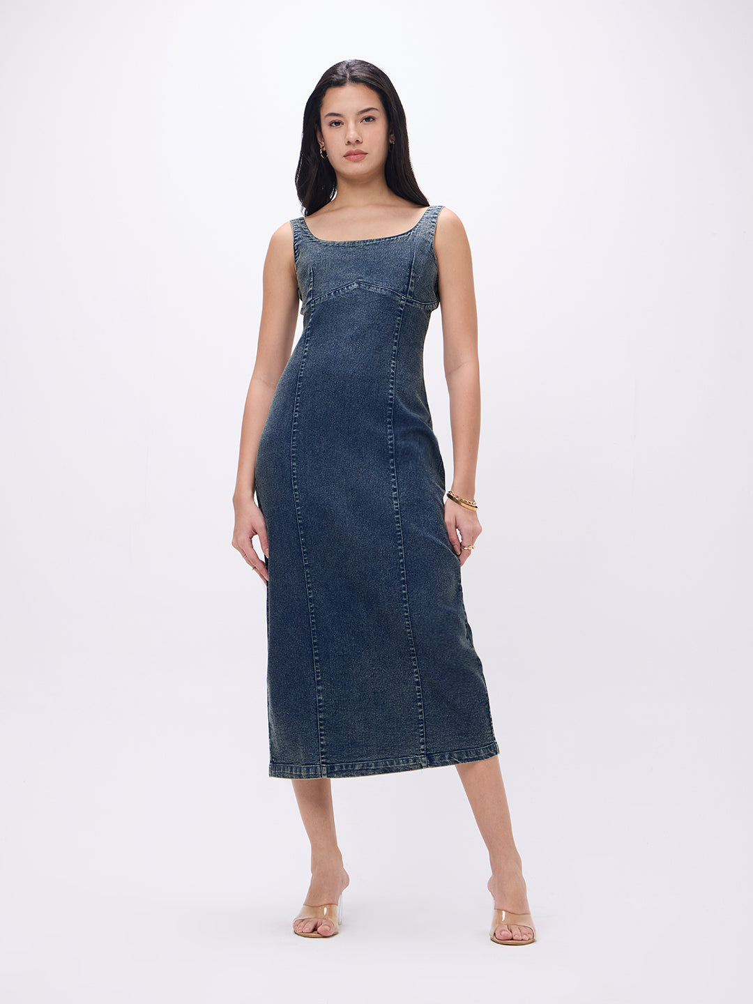 PUELLA Women's Sleeveless Denim Bodycon Midi Dress – Dark Wash – Puella