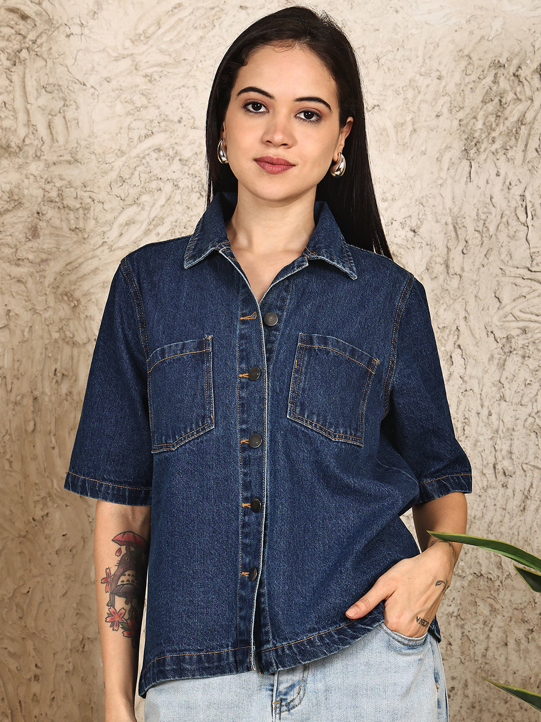 PUELLA Women's Dark Blue Denim Shirt Top