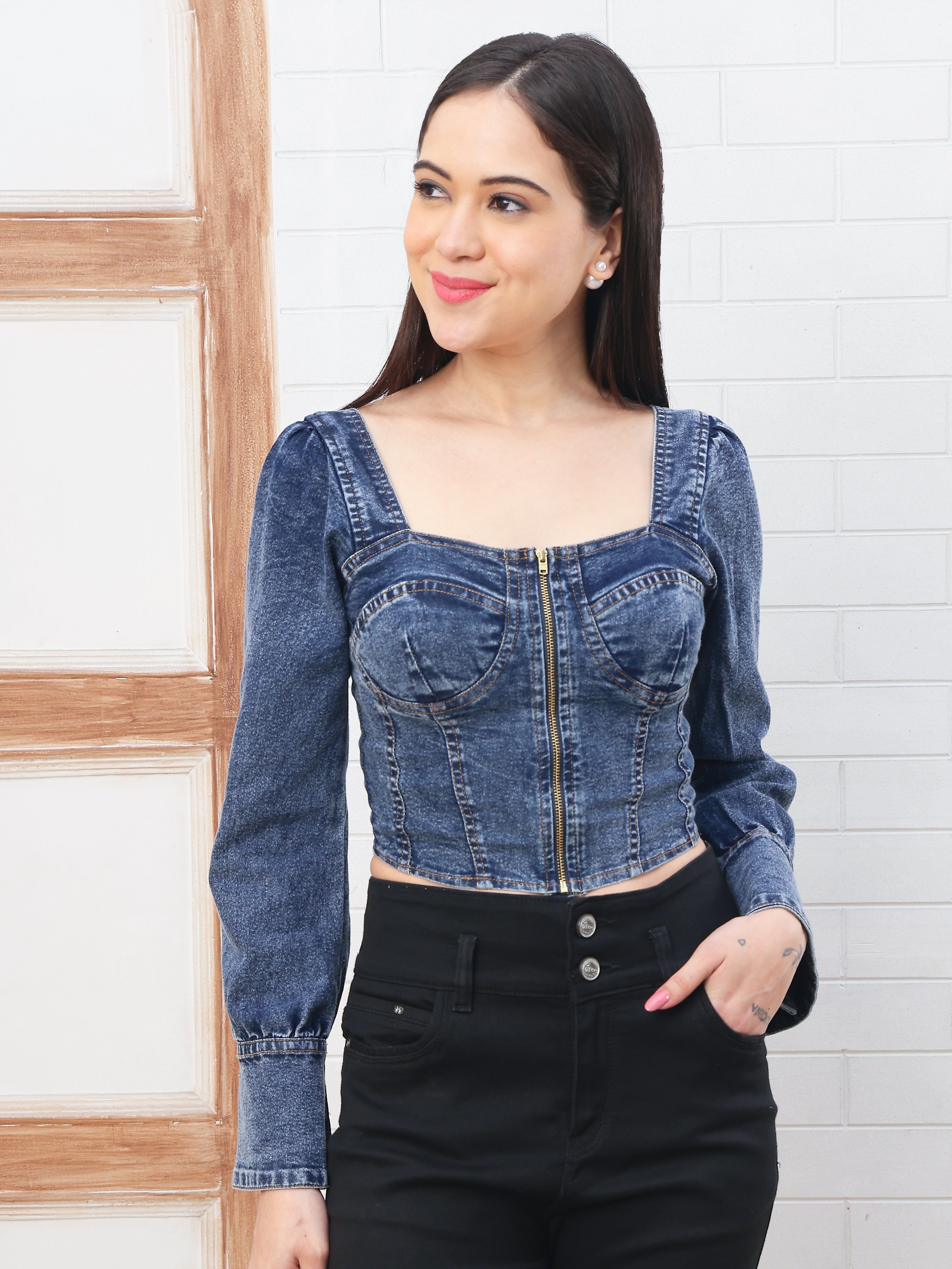 PUELLA Women’s Black Denim Corset Top | Full Sleeve Front Zipper Western Crop Top for Party, Casual & Clubwear
