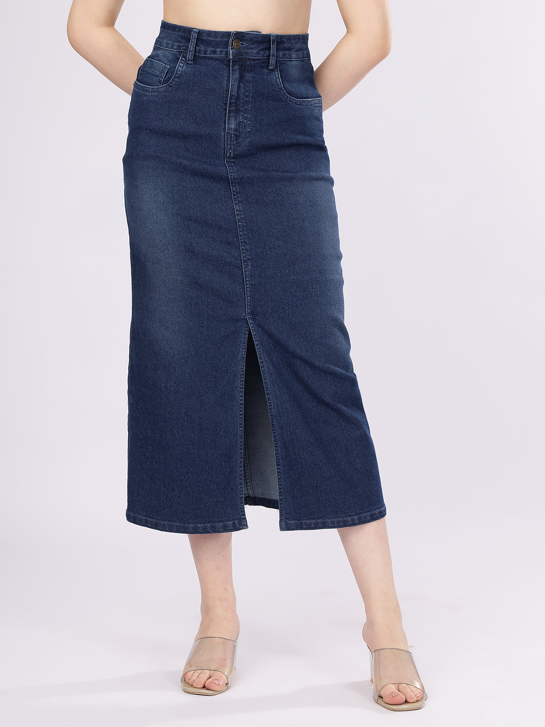 Women’s Dark Blue High-Rise Denim Straight Skirt with Front Slit