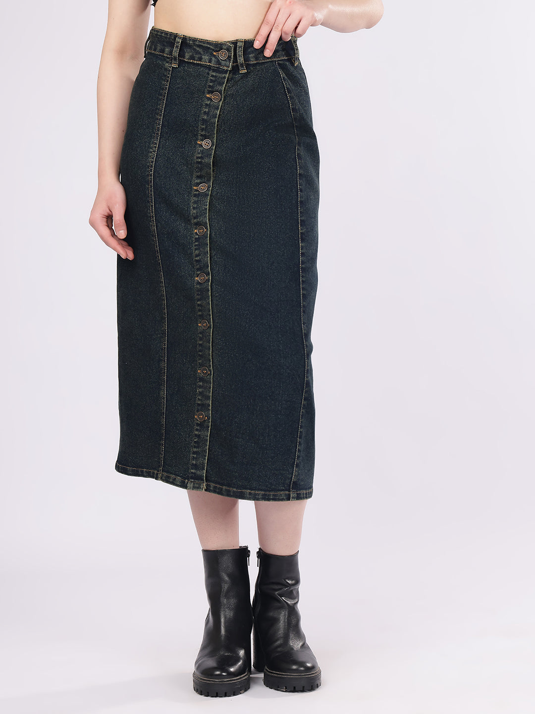 Women’s Dark Wash Paneled Denim Skirt with Front Buttons