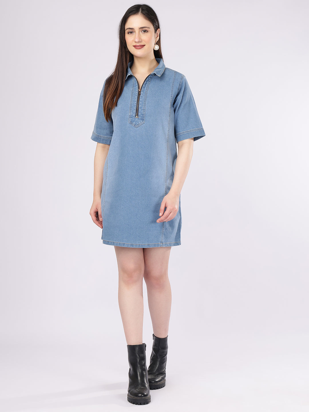 Women's Light Blue Short Sleeve Denim Shift Dress – Casual High-Neck Quarter-Zip Mini Tunic Dress