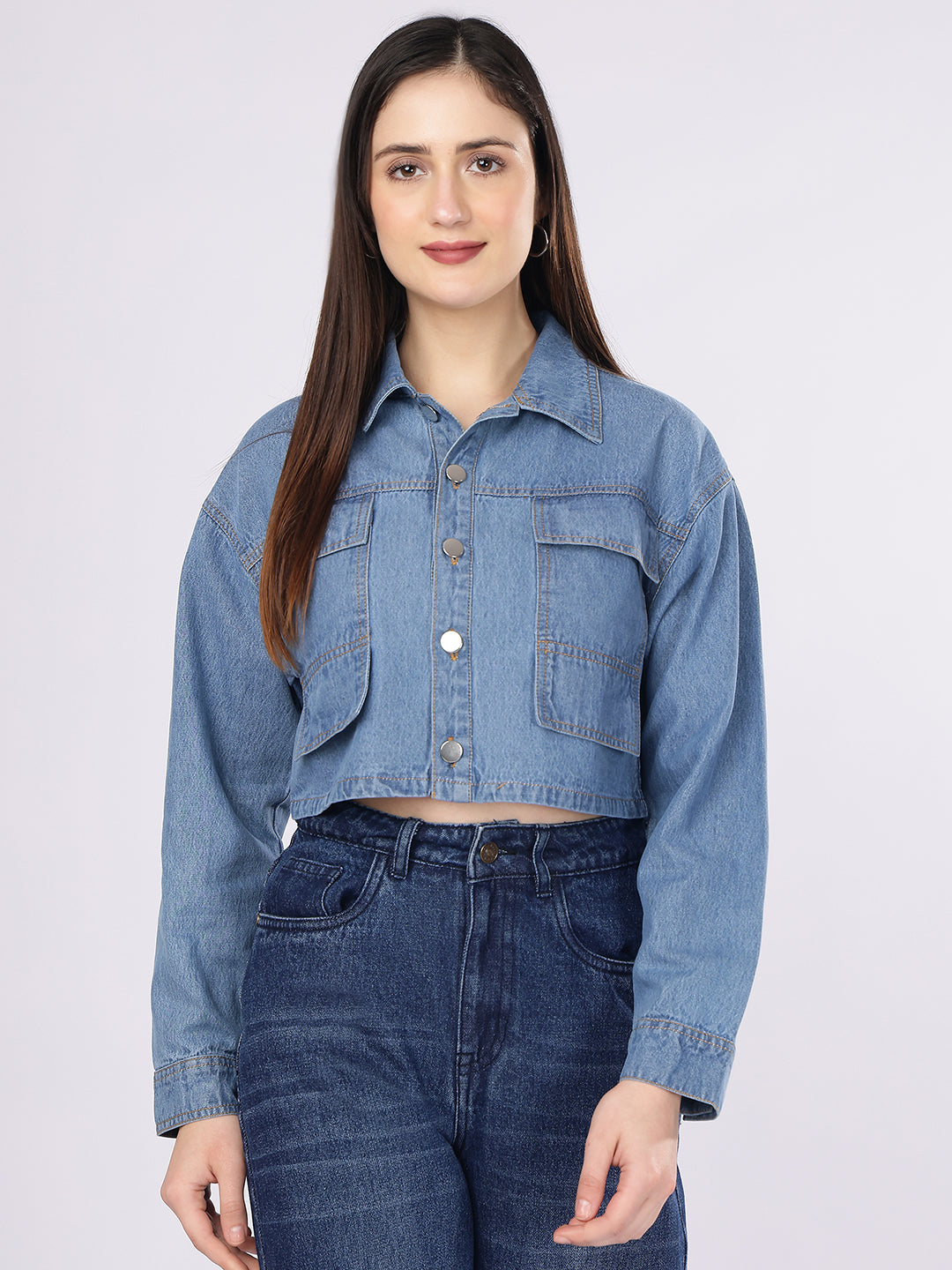 PUELLA Women's Light Blue Boxy Fit Cropped Denim Shirt