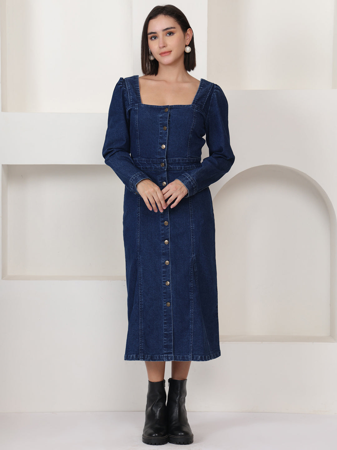 PUELLA Blue Solid Denim Fit & Flare Midi Dress