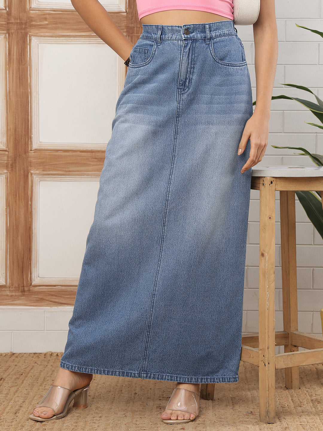 Women’s Mid Blue High-Rise Denim Long Skirt