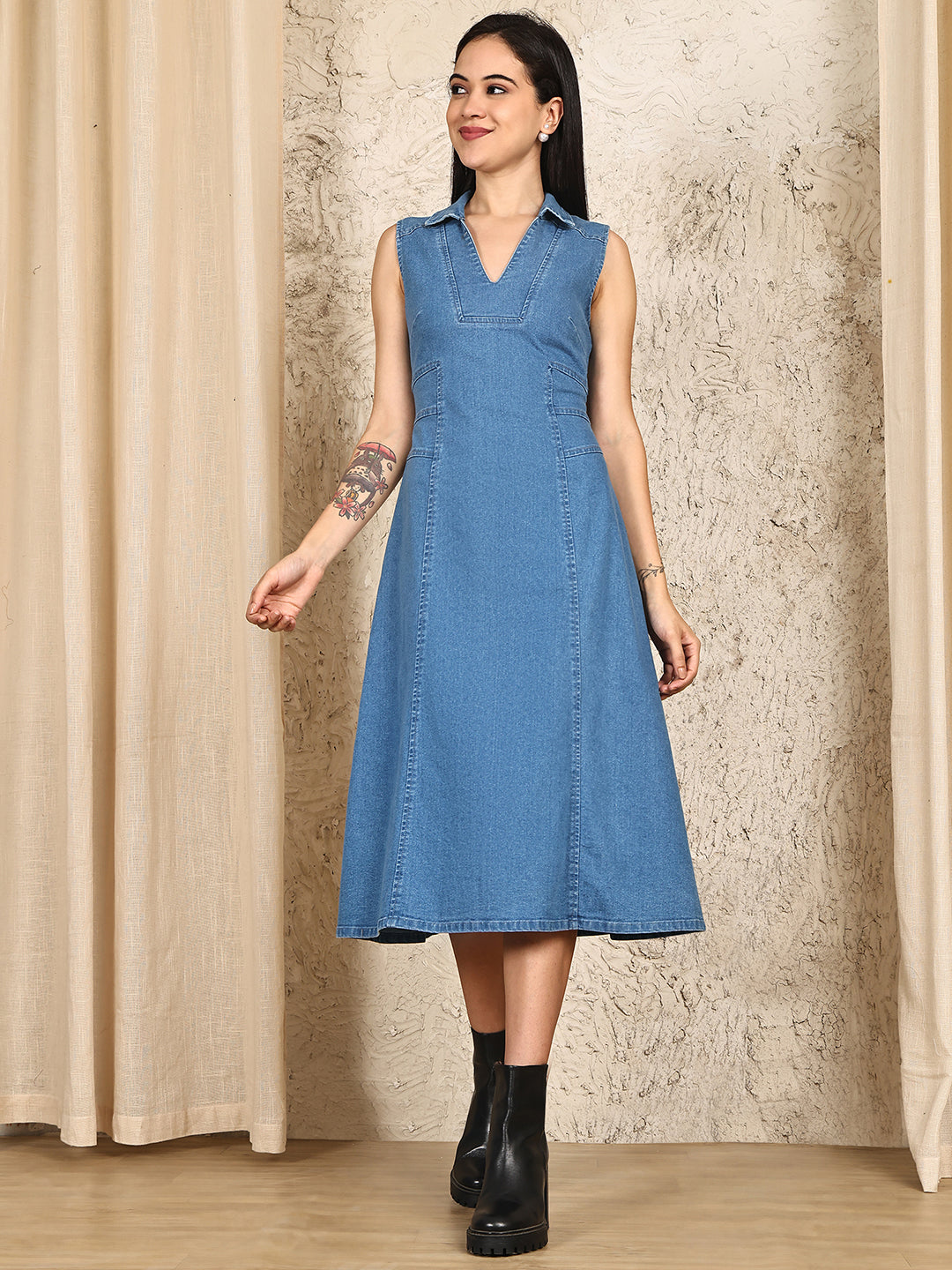 knee length dresses for ladies PUELLA Women's Sleeveless Denim Midi Dress with Collar Neck – Puella