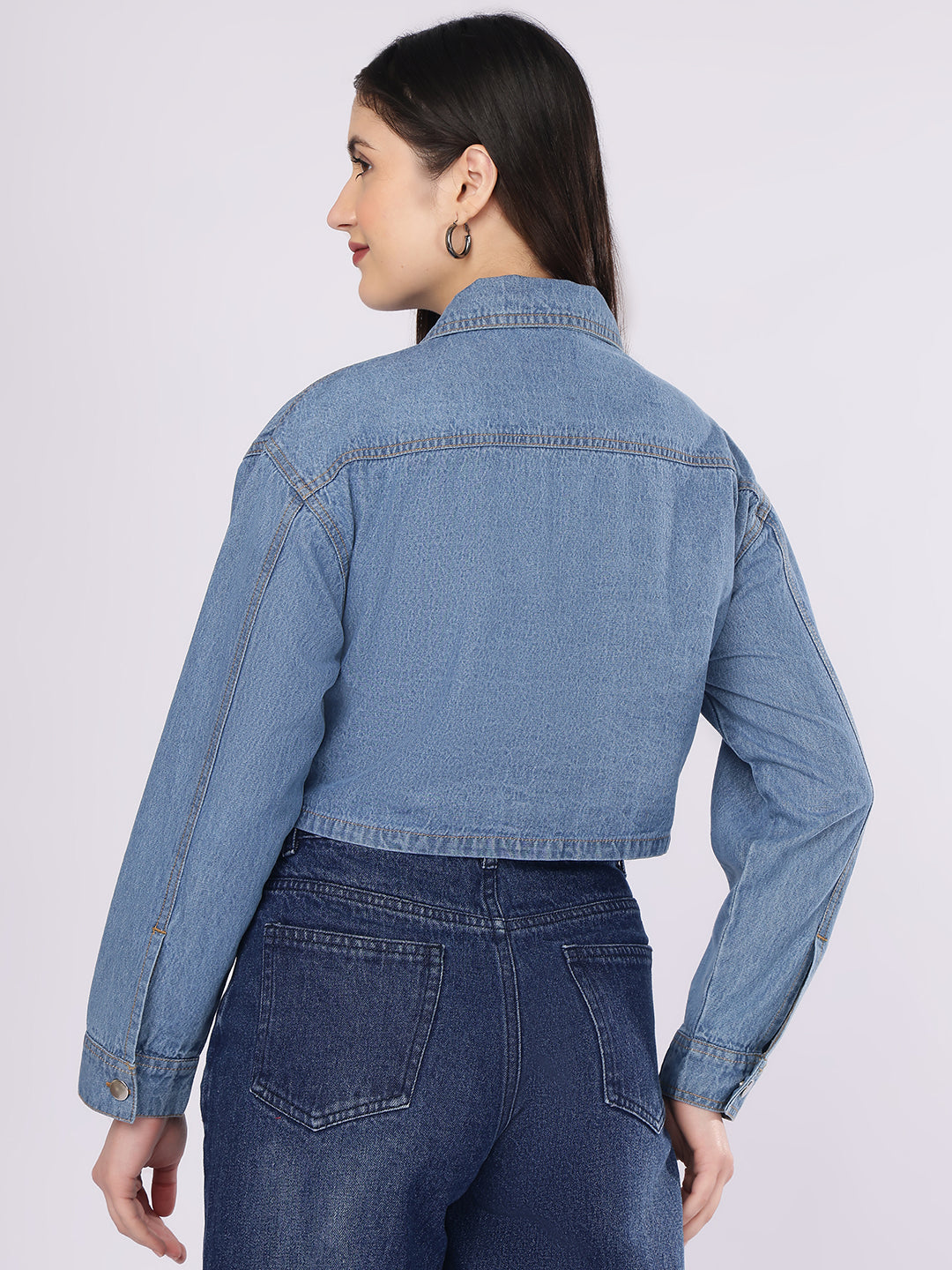 PUELLA Women's Light Blue Boxy Fit Cropped Denim Shirt