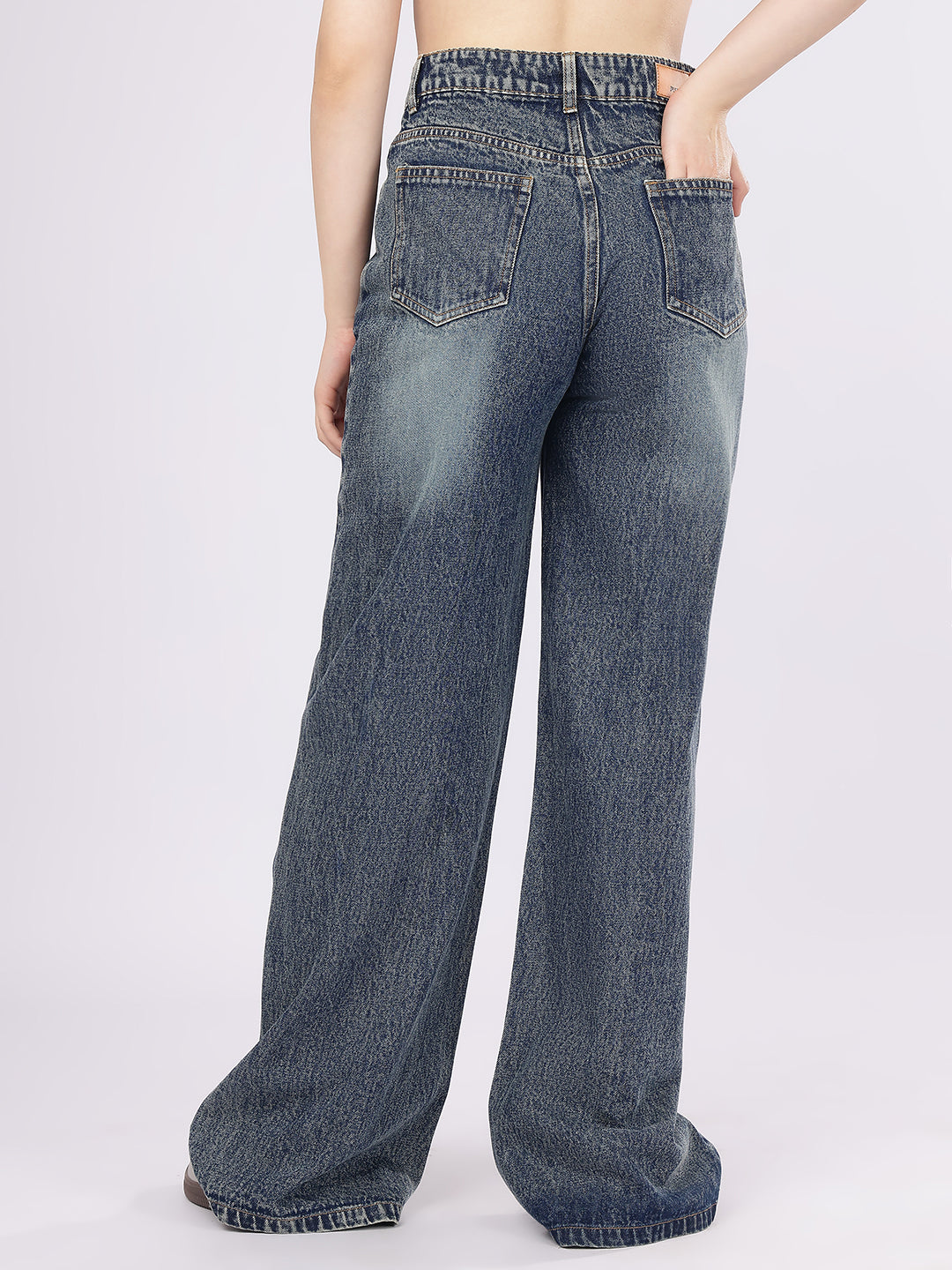 PUELLA Women's Acid Wash High-Rise Baggy Fit Jeans with Single Distress Detail