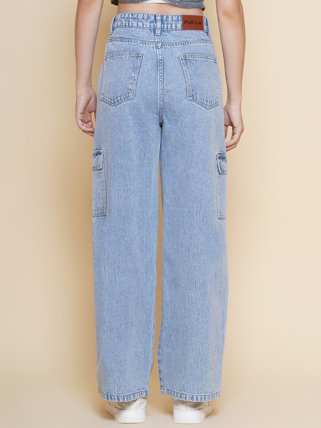 PUELLA Women’s Light Blue Cargo Straight Fit stretchable Jeans – Multi-Pocket Utility Denim