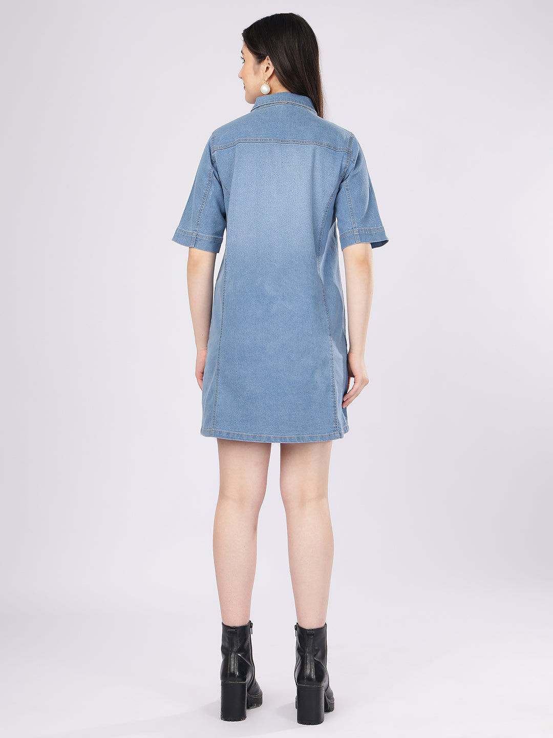 Women's Light Blue Short Sleeve Denim Shift Dress – Casual High-Neck Quarter-Zip Mini Tunic Dress