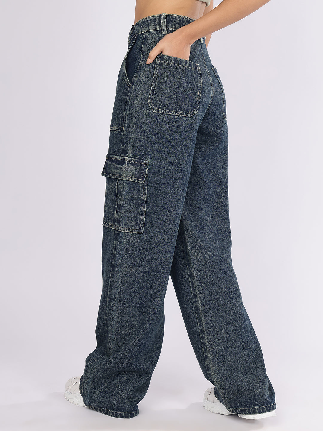 Women’s Dark Blue High-Rise Baggy Cargo Denim Jeans
