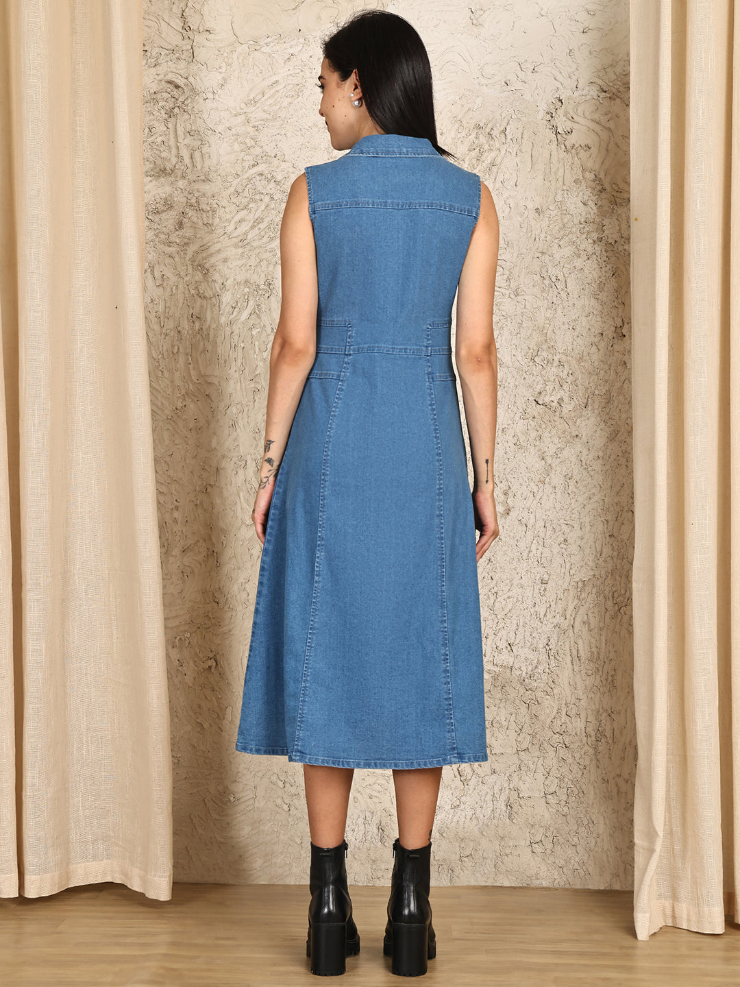 PUELLA Women's Sleeveless Denim Midi Dress with Collar Neck Puella PUELLA Women's Sleeveless Denim Midi Dress with Collar Neck Puella