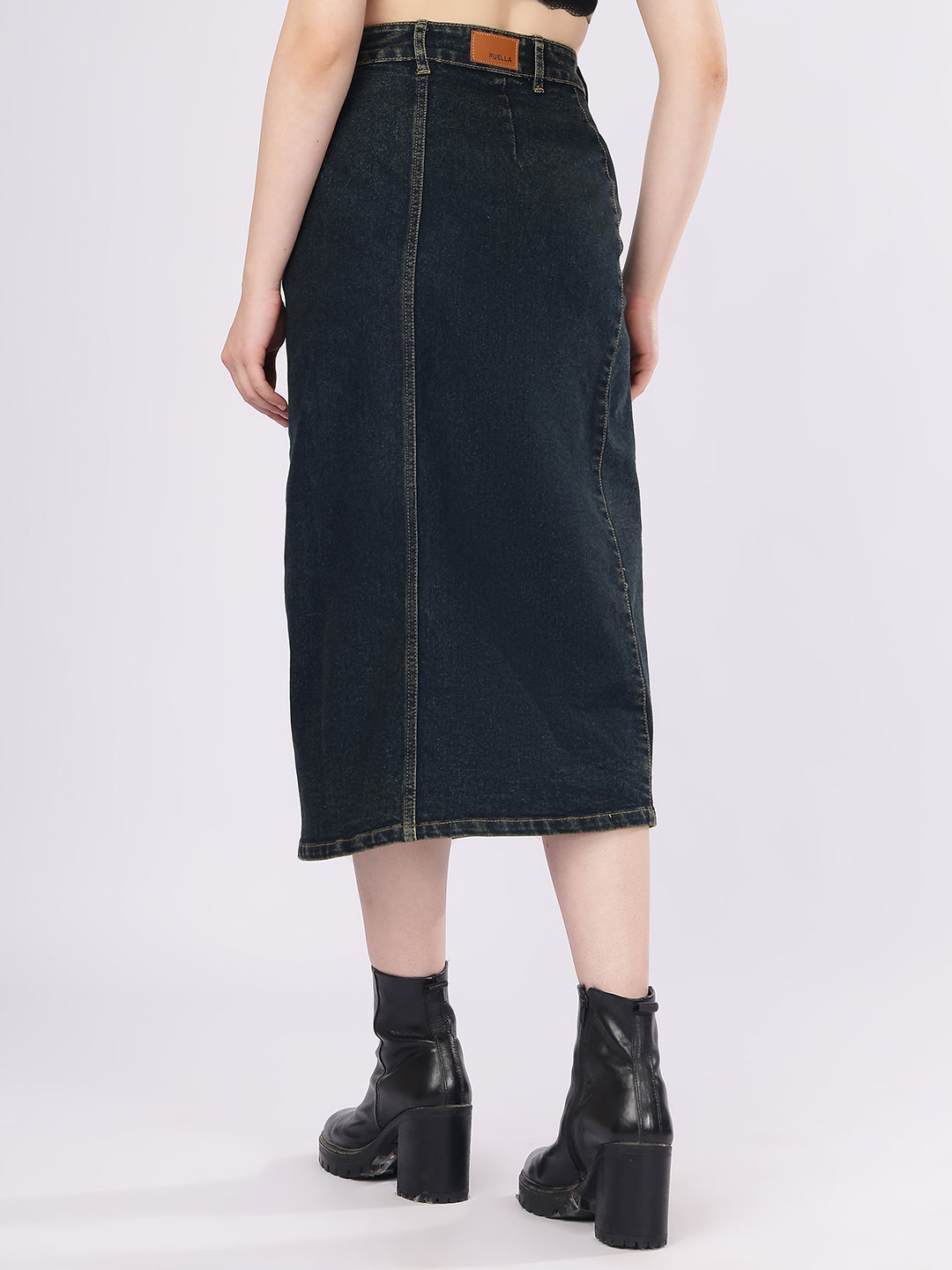 Women’s Dark Wash Paneled Denim Skirt with Front Buttons