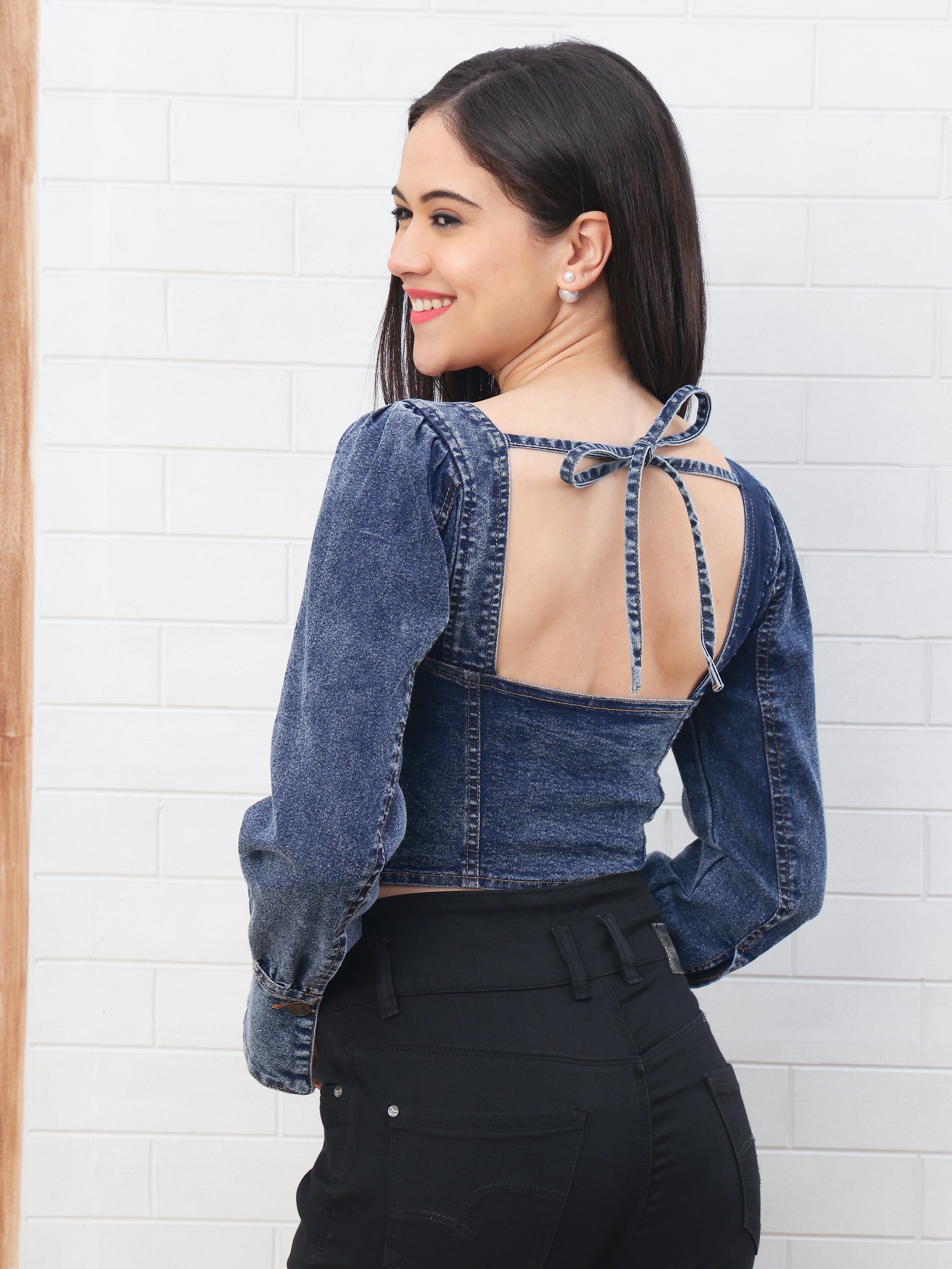 PUELLA Women’s Black Denim Corset Top | Full Sleeve Front Zipper Western Crop Top for Party, Casual & Clubwear