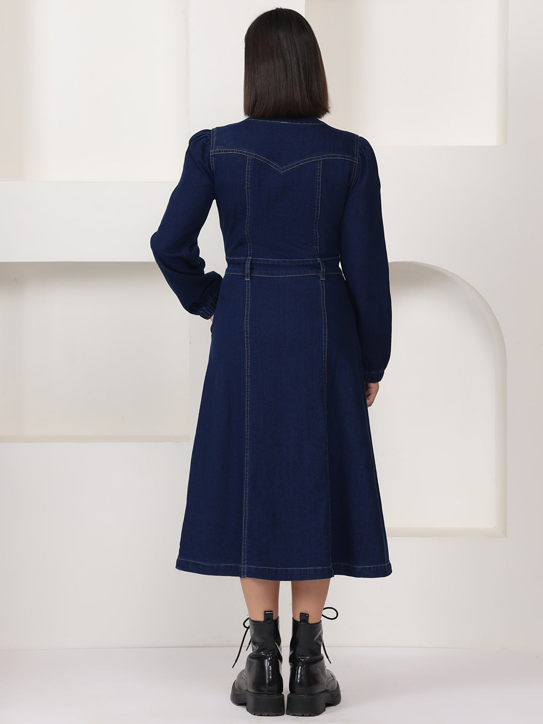 PUELLA Navy Blue Solid Denim Fit & Flare Midi Dress