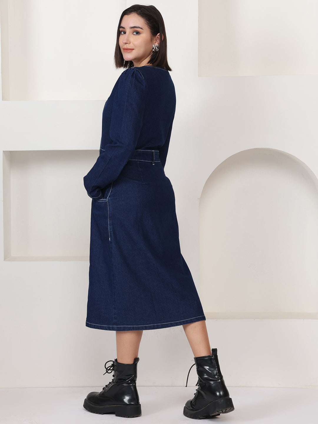 PUELLA Women Navy Blue Denim Square Neck Midi Sheath Dress