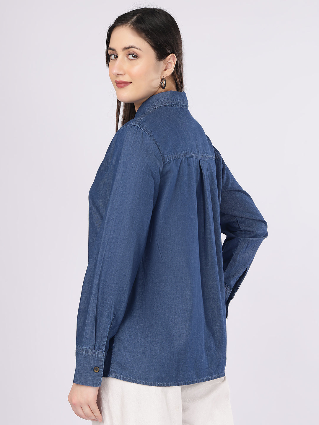 Women’s Blue Relaxed Fit Hidden Placket Denim Shirt
