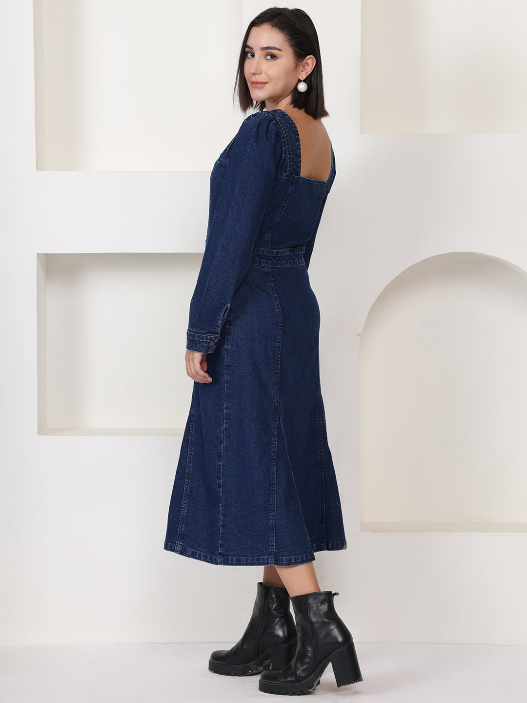 PUELLA Blue Solid Denim Fit & Flare Midi Dress
