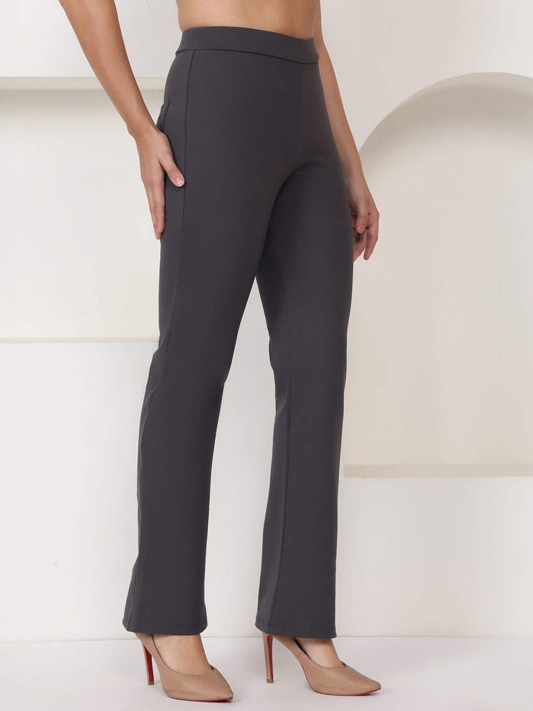 PUELLA Charcoal Knitted Straight-Fit Formal Pant