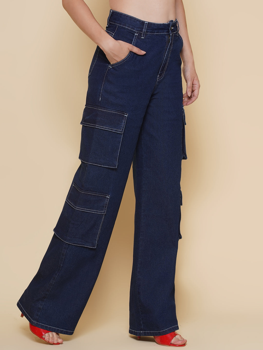 PUELLA Women Cargo Straight Fit Mid Rise Jeans