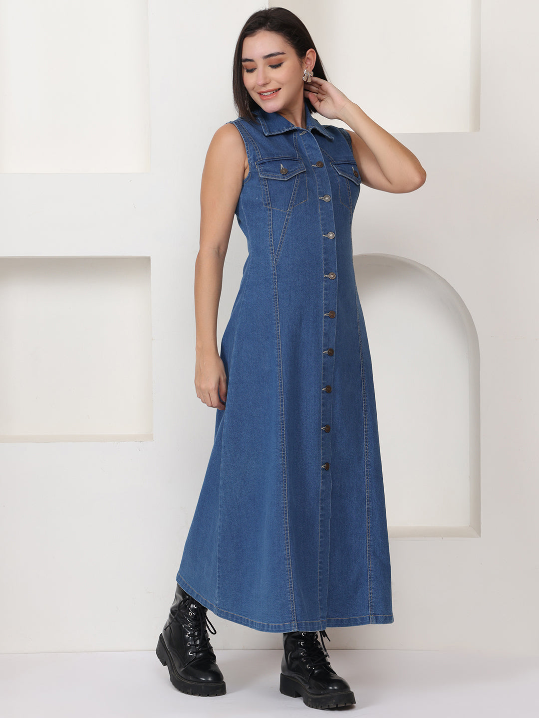 PUELLA Blue Solid Denim Shirt Maxi Dress