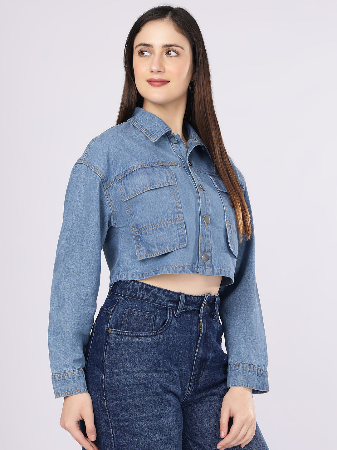 PUELLA Women's Light Blue Boxy Fit Cropped Denim Shirt