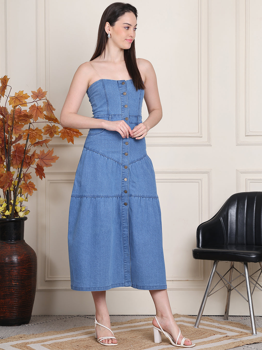 PUELLA Women’s Strap Denim Midi Dress with Button-Down Front