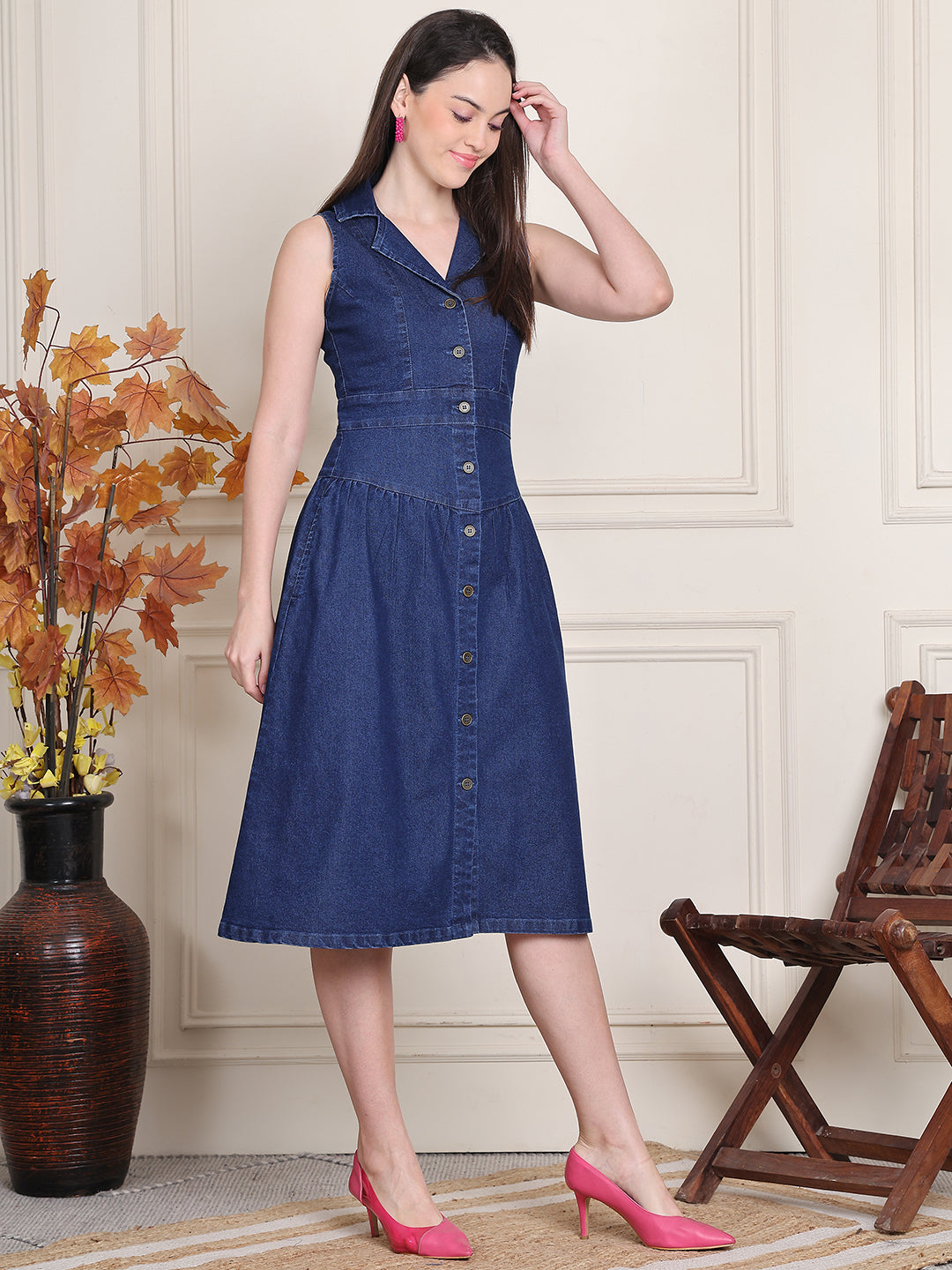 PUELLA Women’s Sleeveless Denim Collared A-Line Midi Dress with Button-Down Front