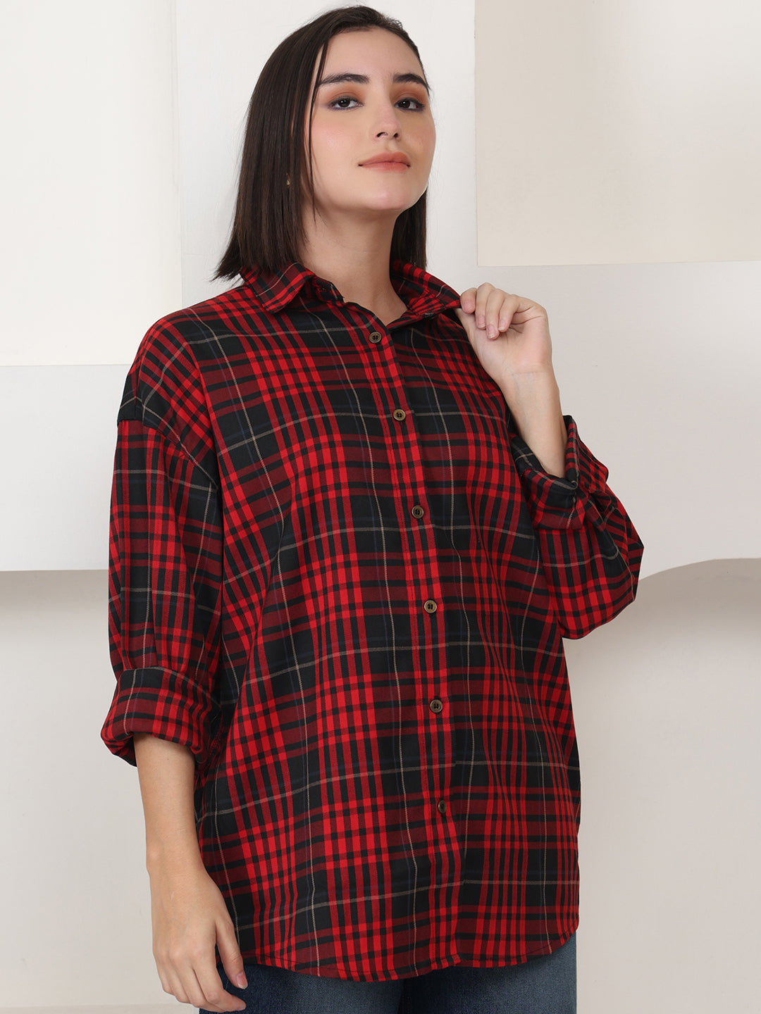 PUELLA Women Red & Black Tartan Checked Relaxed Fit Shirt