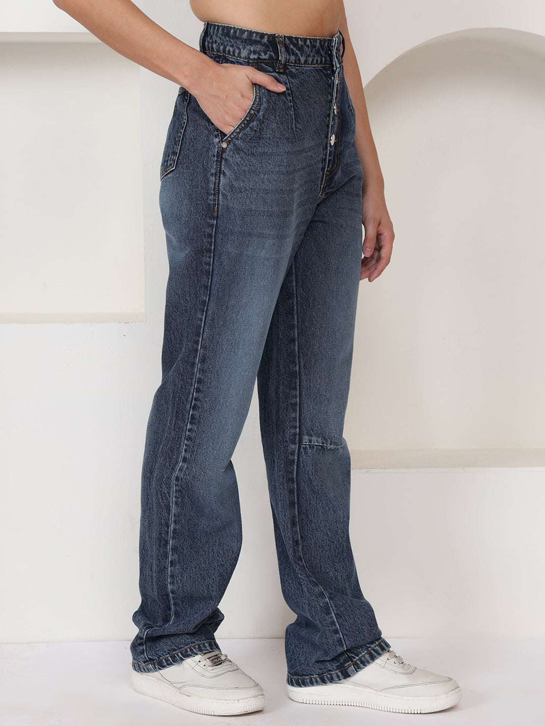 PUELLA Women Medium Blue High-Rise Regular Fit Jeans with Multi-Button Closure