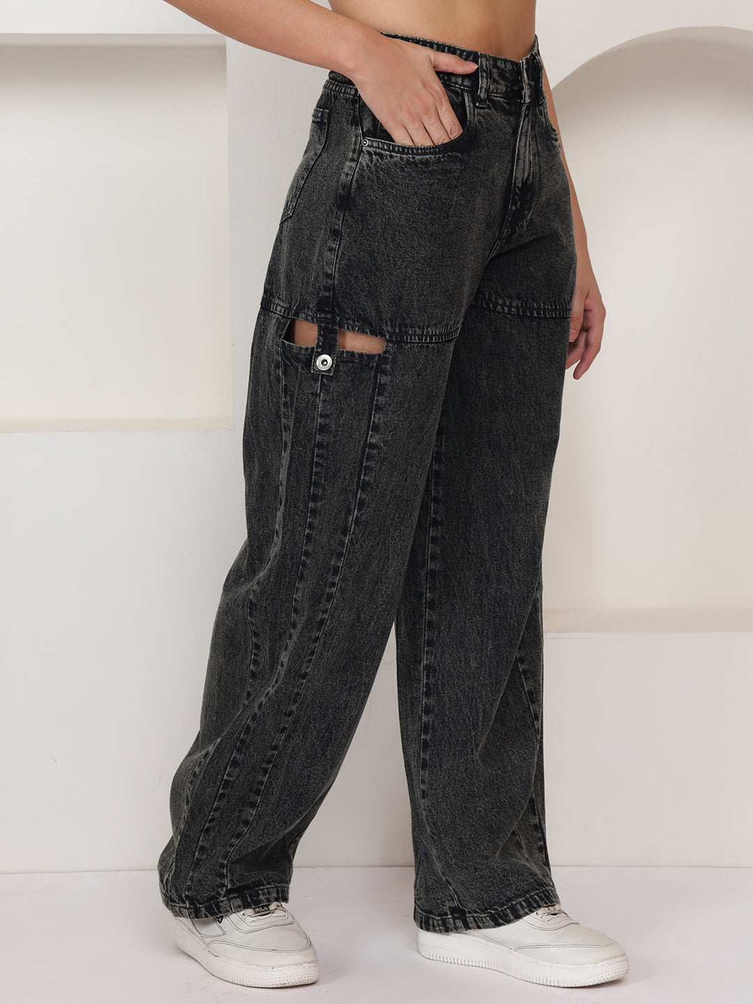 PUELLA Women Dark Charcoal Light-Fade High-Rise Wide-Leg Distressed Jeans