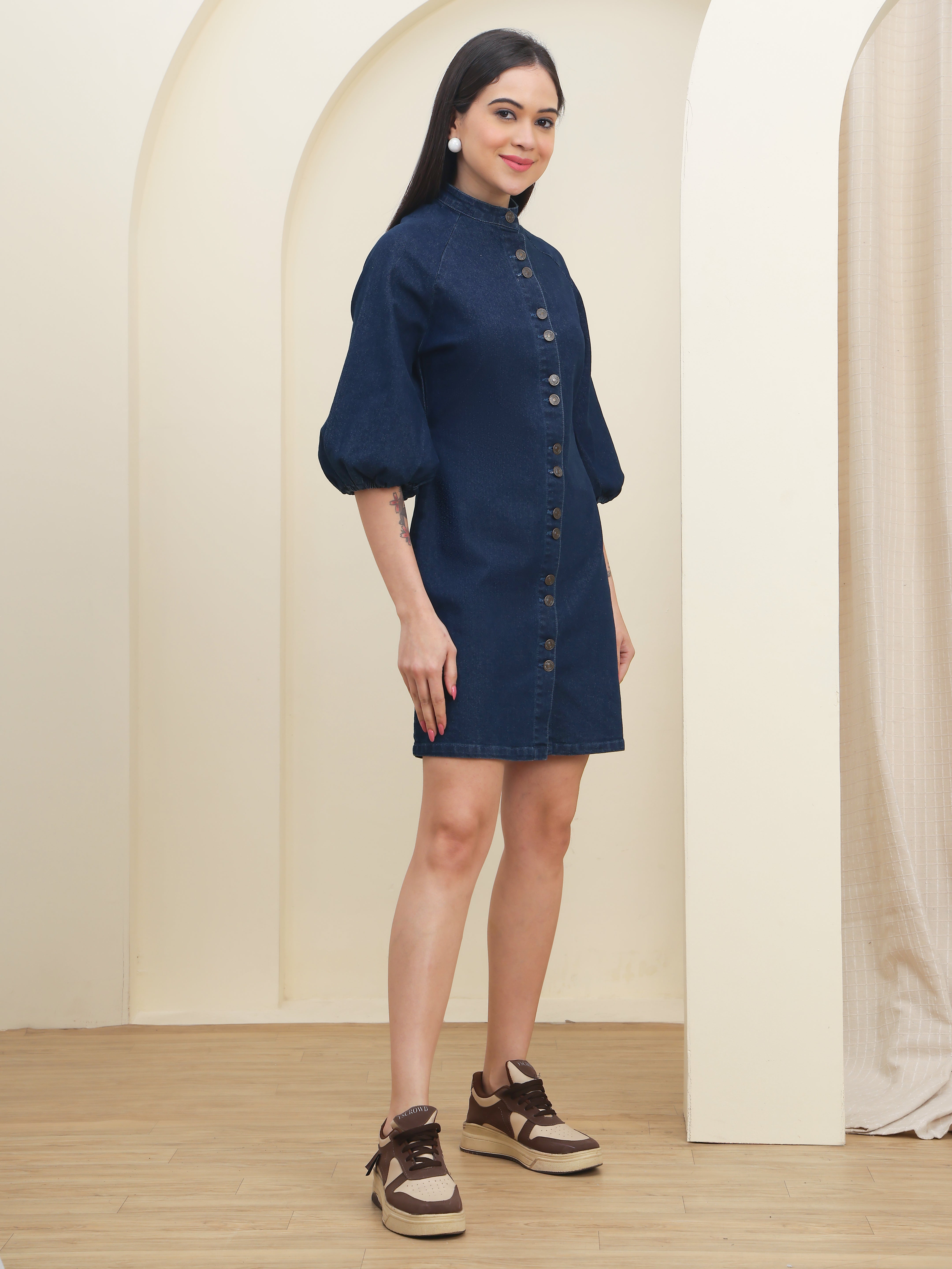 DOZER Dark Blue Denim Mandarin Collar Midi Dress