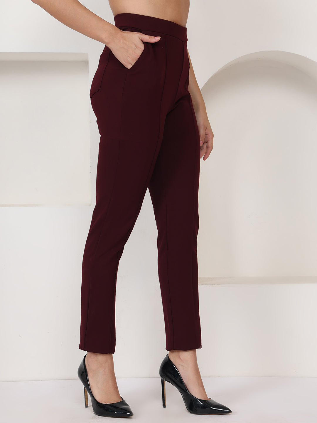 PUELLA Maroon High-Rise Slim Fit Formal Trousers