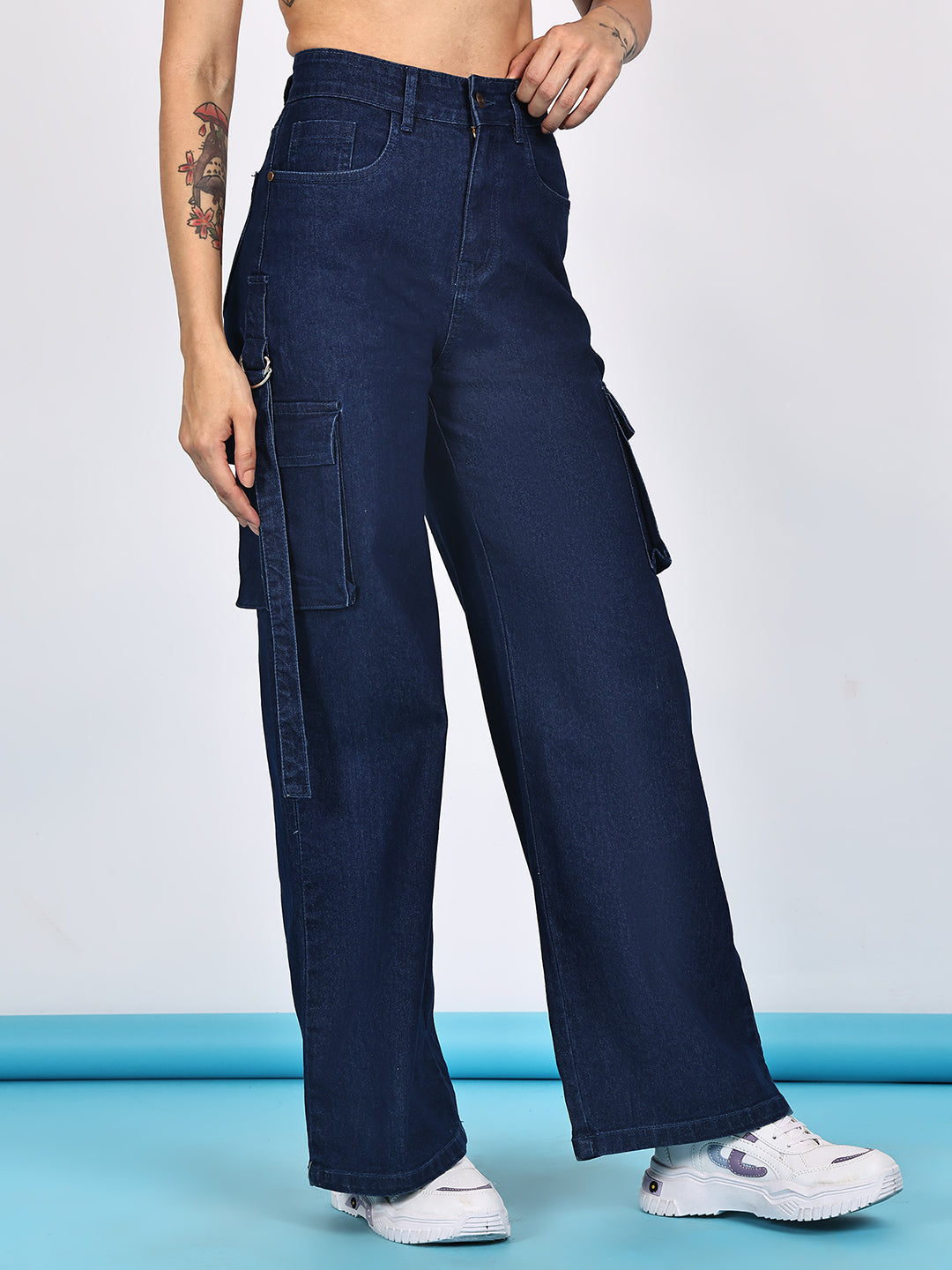 PUELLA Women High-Rise Dark Blue Cargo Wide-Leg Jeans