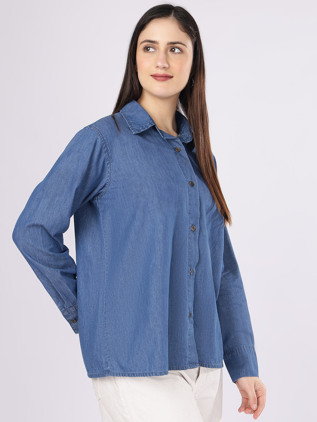 Women’s Blue Relaxed Fit Solid Denim Shirt
