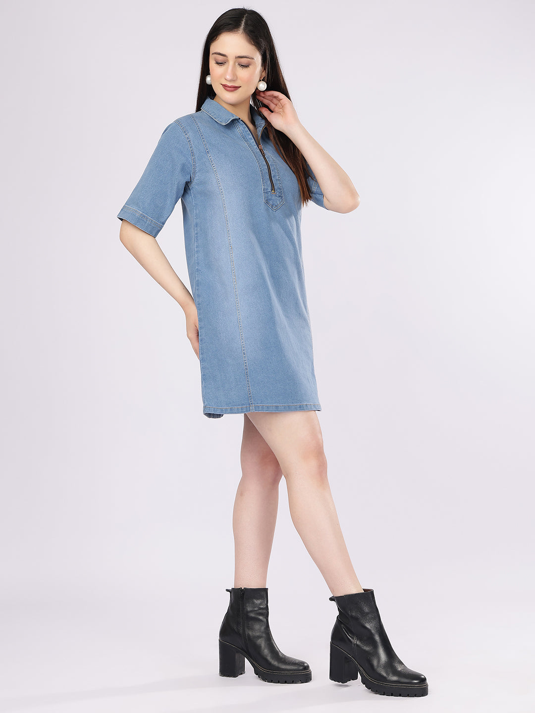 Women's Light Blue Short Sleeve Denim Shift Dress – Casual High-Neck Quarter-Zip Mini Tunic Dress